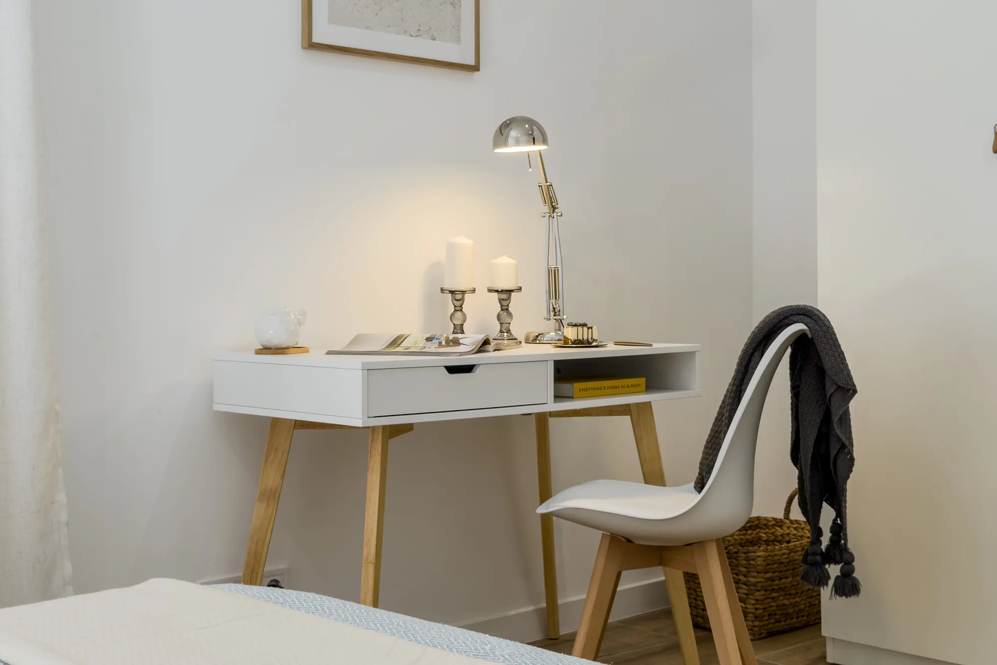 Bedroom and home office, detail of the Còrsega project, in Barcelona, after the interior design project